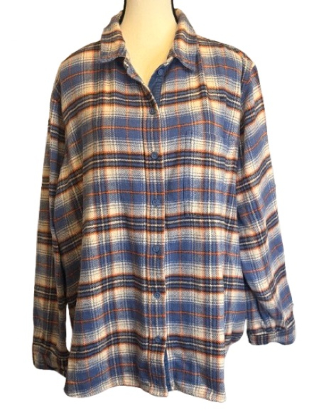 American Eagle Blue Orange Plaid Flannel Button Front Shirt Women’s L Cotton - Picture 2 of 7